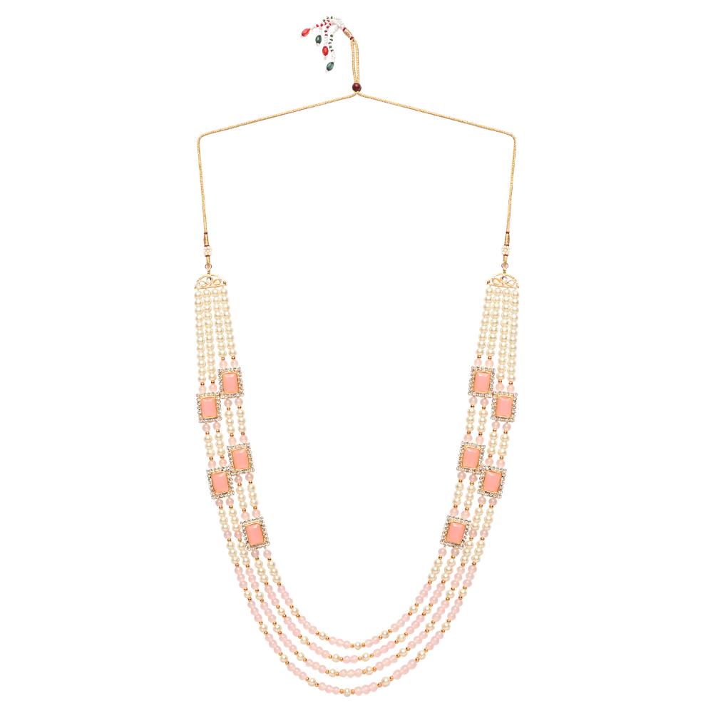 Etnico Gold Plated Traditional Stone Studded Multi Strand Long Pearl Necklace Jewellery With Stud Earrings Set For Women/Girls (Pink)