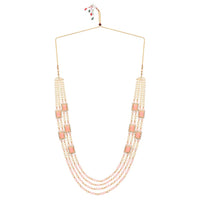 Etnico Gold Plated Traditional Stone Studded Multi Strand Long Pearl Necklace Jewellery With Stud Earrings Set For Women/Girls (Pink)