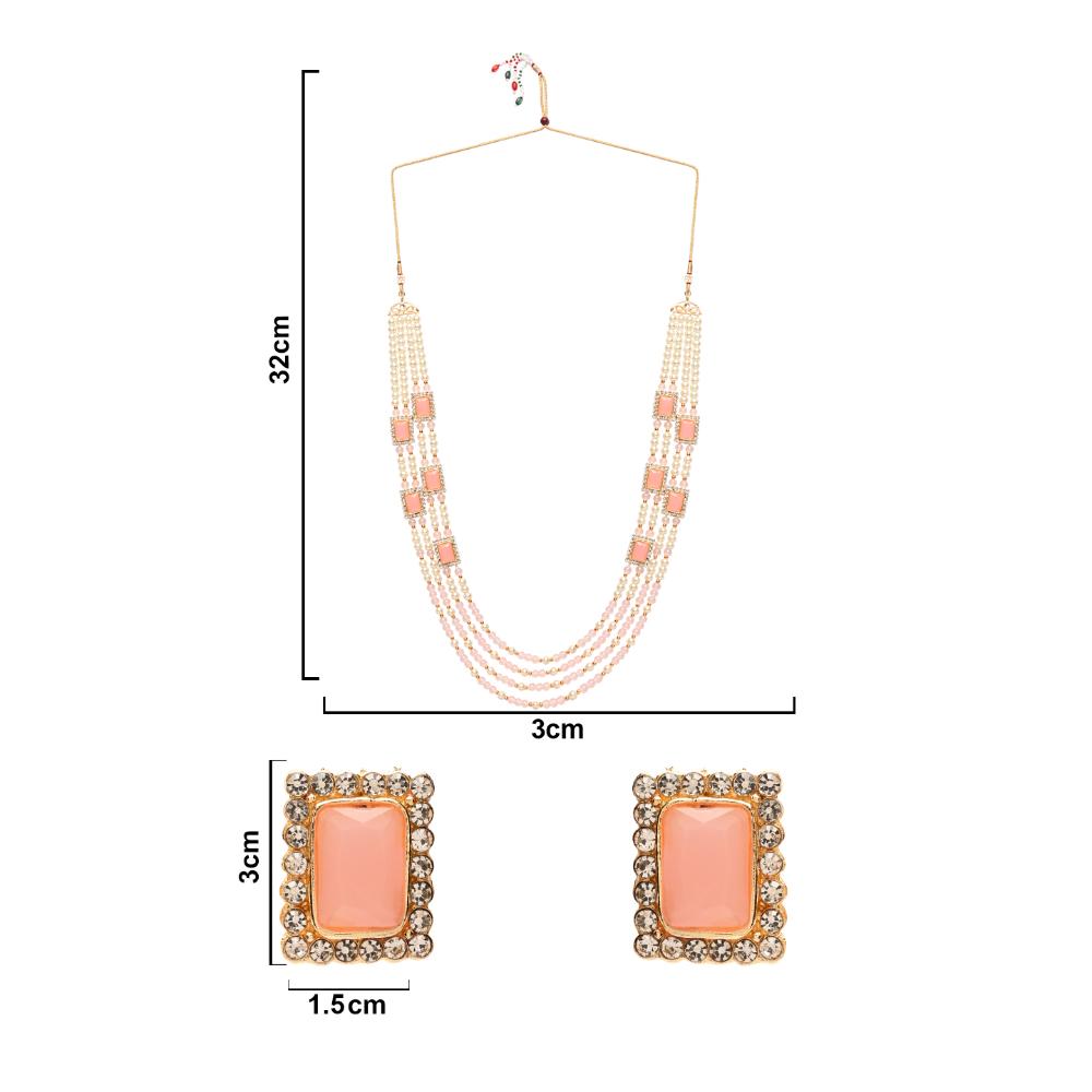 Etnico Gold Plated Traditional Stone Studded Multi Strand Long Pearl Necklace Jewellery With Stud Earrings Set For Women/Girls (Pink)