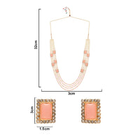 Etnico Gold Plated Traditional Stone Studded Multi Strand Long Pearl Necklace Jewellery With Stud Earrings Set For Women/Girls (Pink)