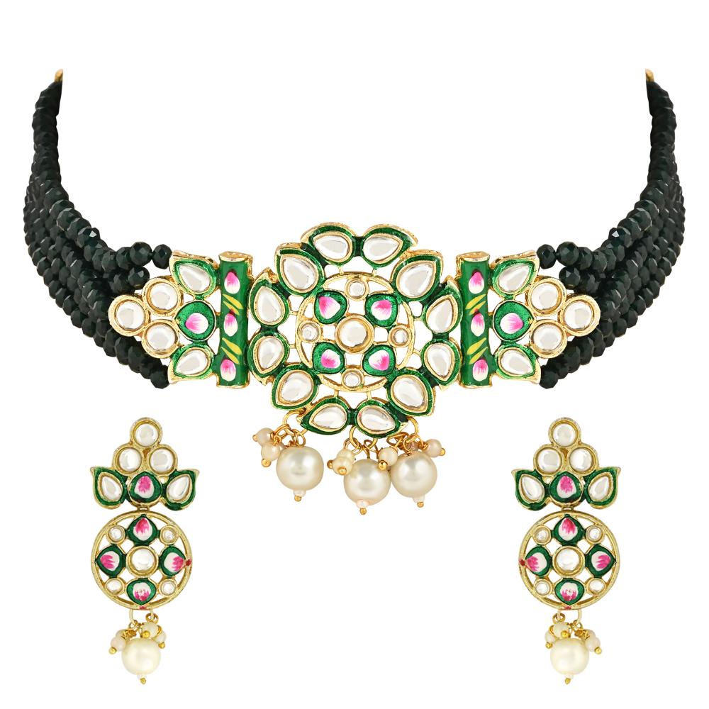 Etnico Gold Plated Traditional Pearl Kundan Studded Meenakari Choker Necklace With Earring Set For Women/Girls (ML319G)