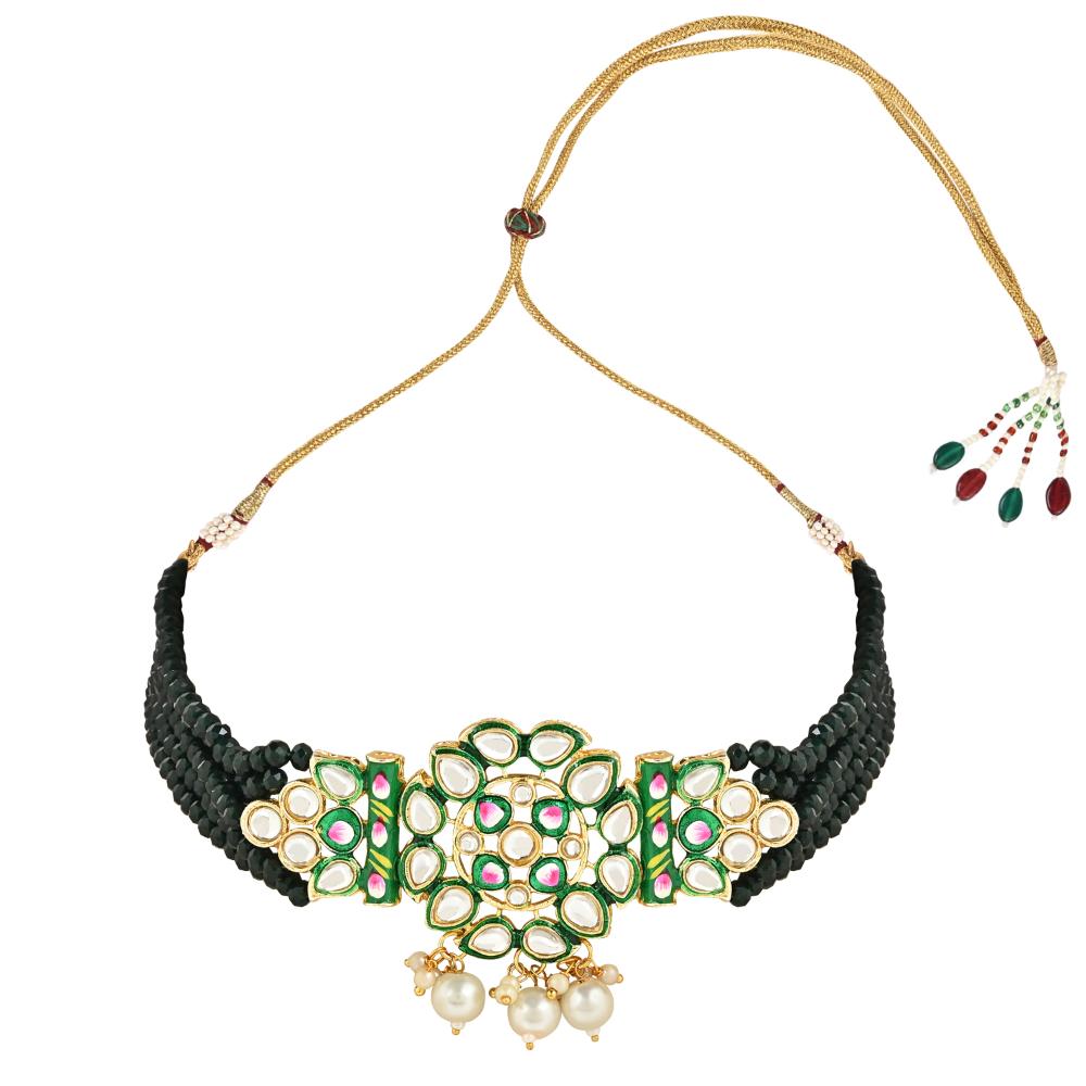 Etnico Gold Plated Traditional Pearl Kundan Studded Meenakari Choker Necklace With Earring Set For Women/Girls (ML319G)