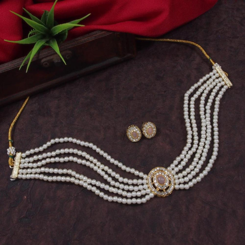 Etnico Gold Plated Traditional Stone Pearl Choker Necklace With Earrings Set For Women (ML321Pe)