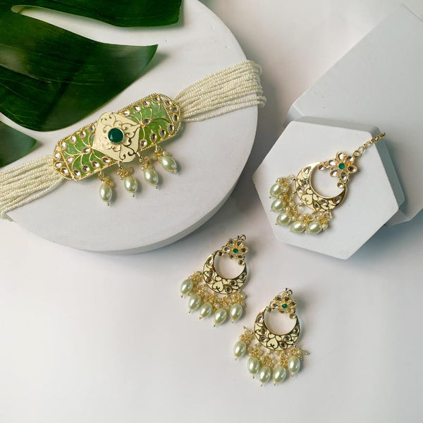 Etnico Gold Plated Pearl Polki Kundan Choker Necklace Set for Women/Girls