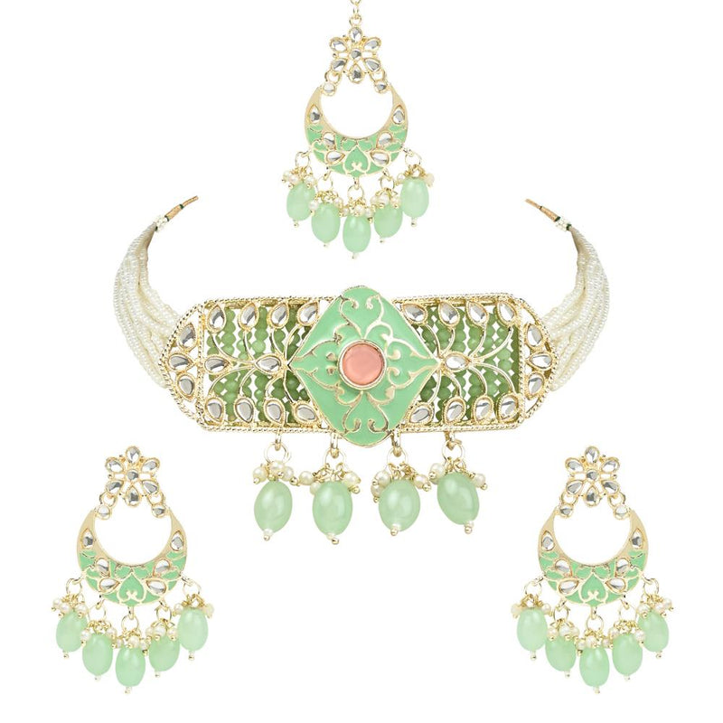Etnico Gold Plated Pearl Polki Kundan Choker Necklace Jewellery Set With Earring & Maang Tikka for Women/Girls (ML333Min)