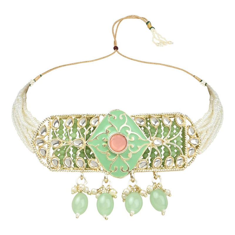 Etnico Gold Plated Pearl Polki Kundan Choker Necklace Jewellery Set With Earring & Maang Tikka for Women/Girls (ML333Min)