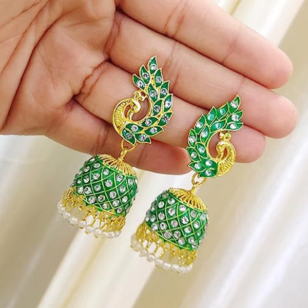 Subhag Alankar Green Beautiful Peacock Design Morr Kundan jhumki earrings