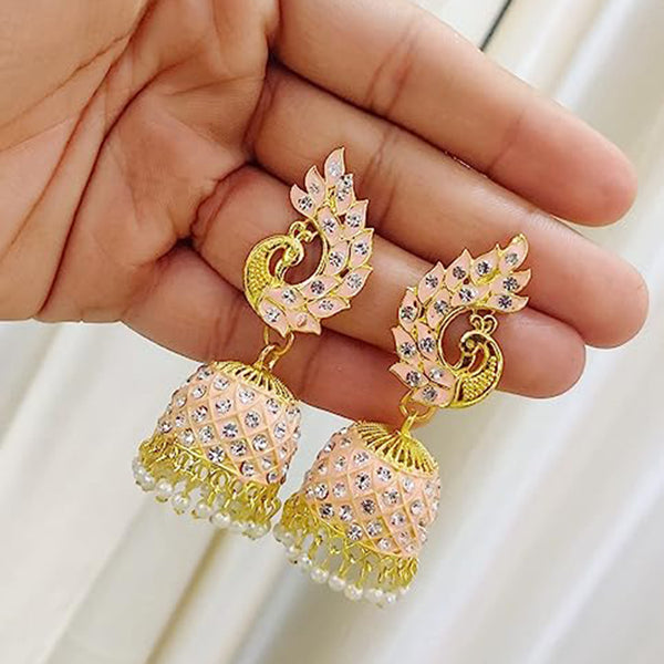 Subhag Alankar Peach Beautiful Peacock Design Morr Kundan jhumki earrings