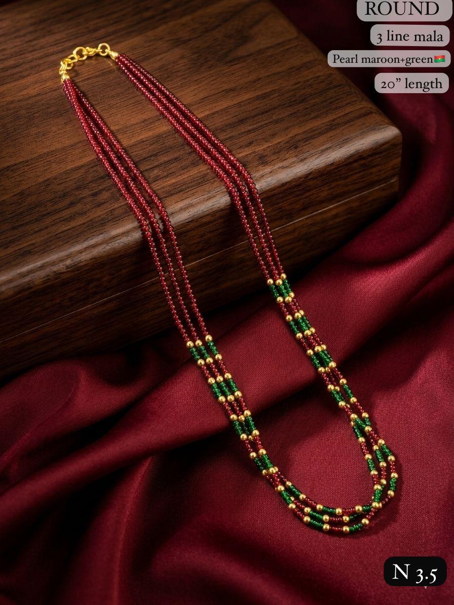 LAFZ Elegant 3-Line Maroon & Green Bead Mala Necklace – 20" Lenght  Festal Kantha Mala