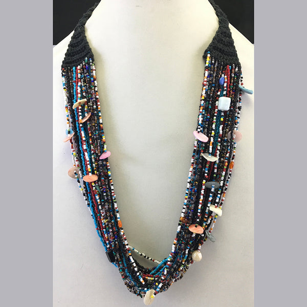 Multi Layered Seed/Glass Bead With Black Thread & Shell Necklace