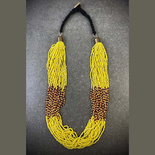 Multi Layered Yellow/Mehron Seed Bead With Gold Metal Chain Necklace