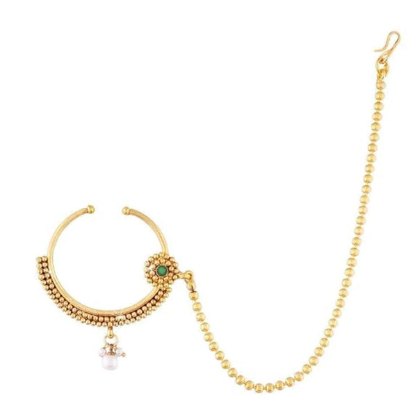 Etnico Gold Plated Traditional Ethnic Bridal Clip on Nose Ring/Nath without piercing with chain Encased With Faux Stones for Women/Girls (NL09G)