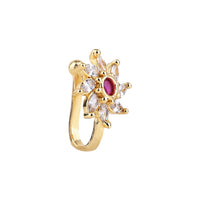 Etnico Gold Plated Floral Shaped Cubic Zirconia American Diamond Clip On Non Piercing Pressing Type Nose Pin, Stud For Women