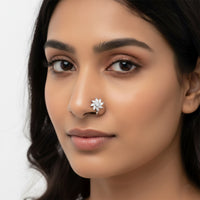 Etnico Gold Plated Floral Shaped Cubic Zirconia American Diamond Clip On Non Piercing Pressing Type Stone Nose Pin, Stud For Women (Silver)