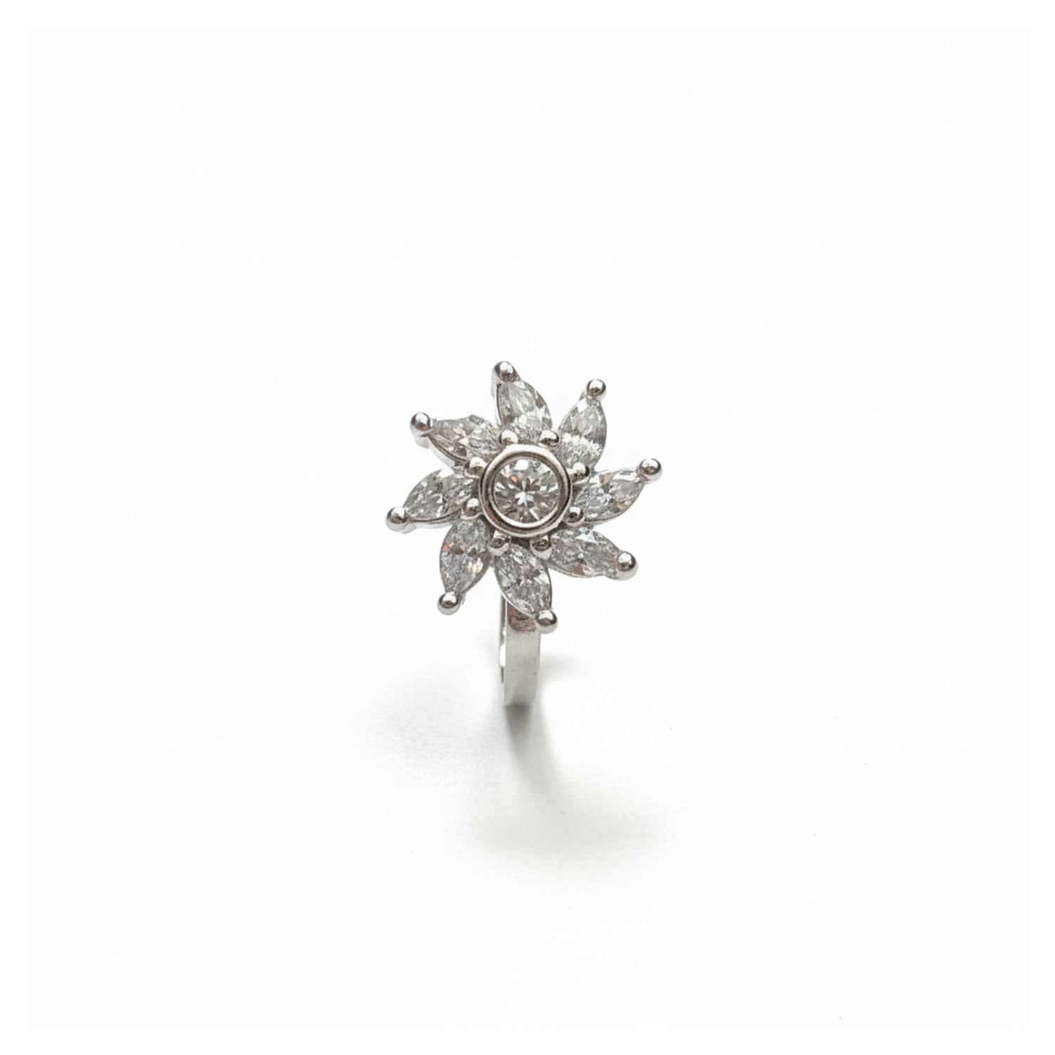 Etnico Gold Plated Floral Shaped Cubic Zirconia American Diamond Clip On Non Piercing Pressing Type Stone Nose Pin, Stud For Women (Silver)