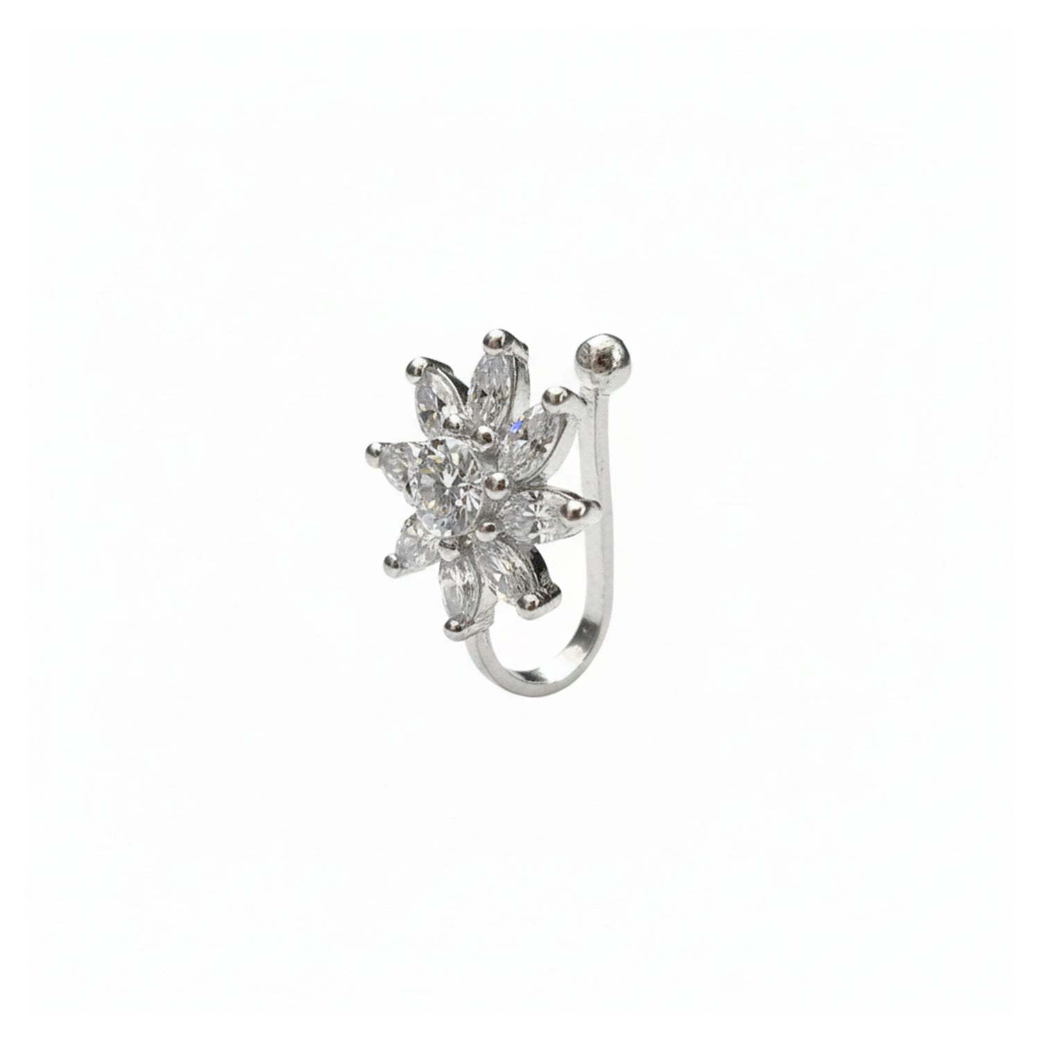 Etnico Gold Plated Floral Shaped Cubic Zirconia American Diamond Clip On Non Piercing Pressing Type Stone Nose Pin, Stud For Women (Silver)