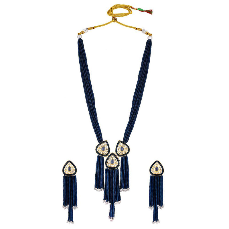 Mahi Gold Plated Blue Artificial Beads Beaded Necklace and Tassel Dangler Earrings Set for Women (NL1103811GBlu)