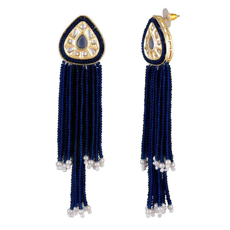 Mahi Gold Plated Blue Artificial Beads Beaded Necklace and Tassel Dangler Earrings Set for Women (NL1103811GBlu)