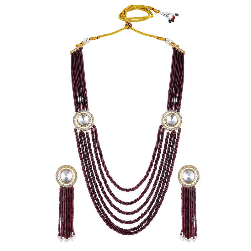 Mahi Gold Plated Maroon and White Crystal Beaded Maharani Layered Necklace Set for Women (NL1103812GMar)