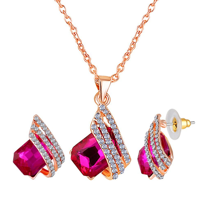 Mahi Shining Angel Wings Shaped Pink and White Crystal Pendant Necklace Earrings Set for Women (NL1103813ZPin)