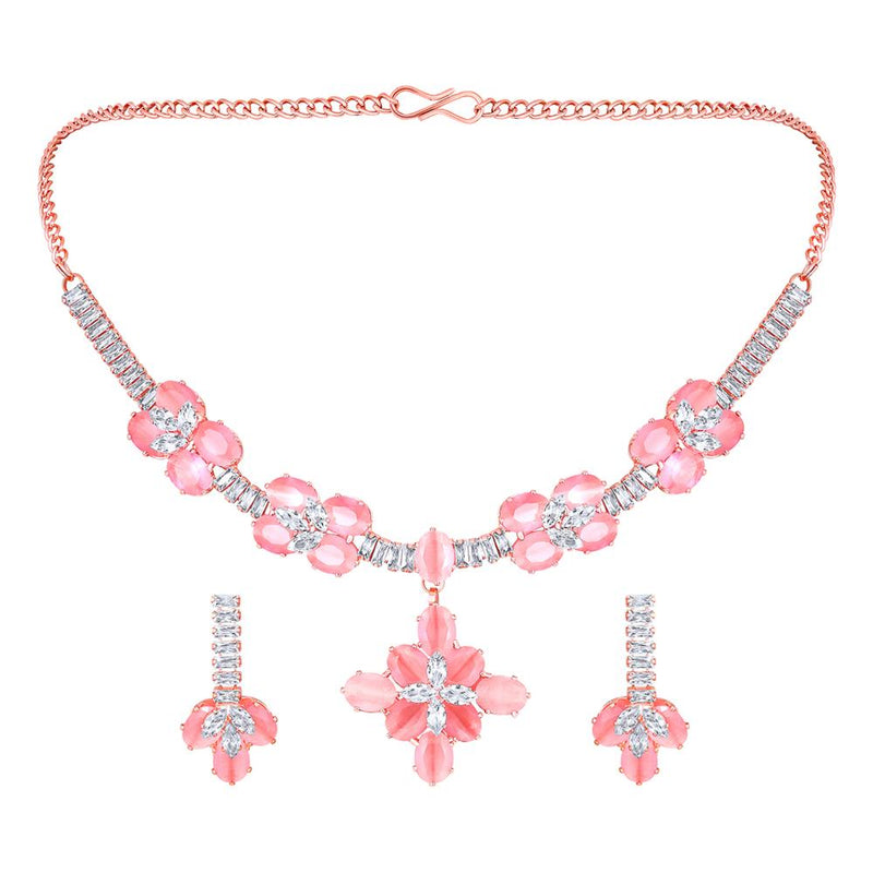 Mahi Rose Gold Plated Pink and White Cubic Zirconia (CZ) Floral Women's Necklace Set (NL1103814ZPin)