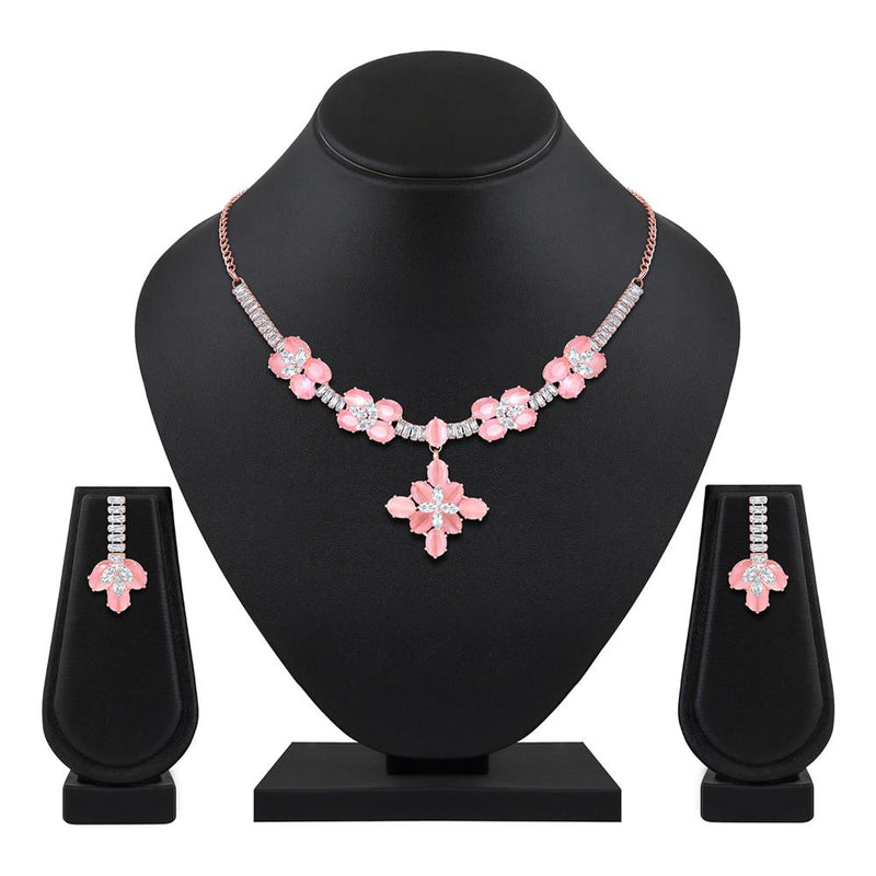 Mahi Rose Gold Plated Pink and White Cubic Zirconia (CZ) Floral Women's Necklace Set (NL1103814ZPin)