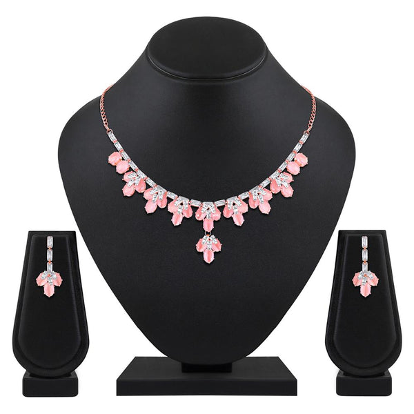 Mahi Rose Gold Plated Pink and White Cubic Zirconia (CZ) Floral Women's Necklace Set (NL1103815ZPin)