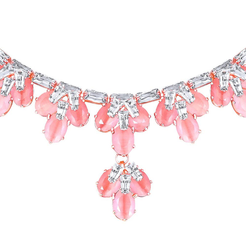 Mahi Rose Gold Plated Pink and White Cubic Zirconia (CZ) Floral Women's Necklace Set (NL1103815ZPin)
