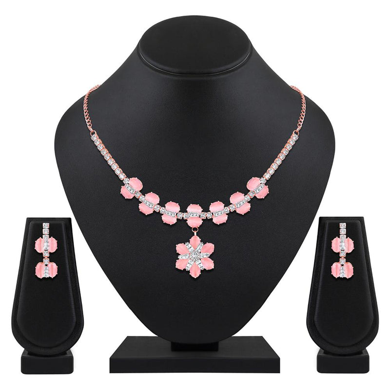 Mahi Rose Gold Plated Pink and White Cubic Zirconia (CZ) Floral Women's Necklace Set (NL1103816ZPin)