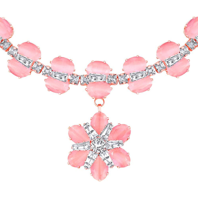 Mahi Rose Gold Plated Pink and White Cubic Zirconia (CZ) Floral Women's Necklace Set (NL1103816ZPin)