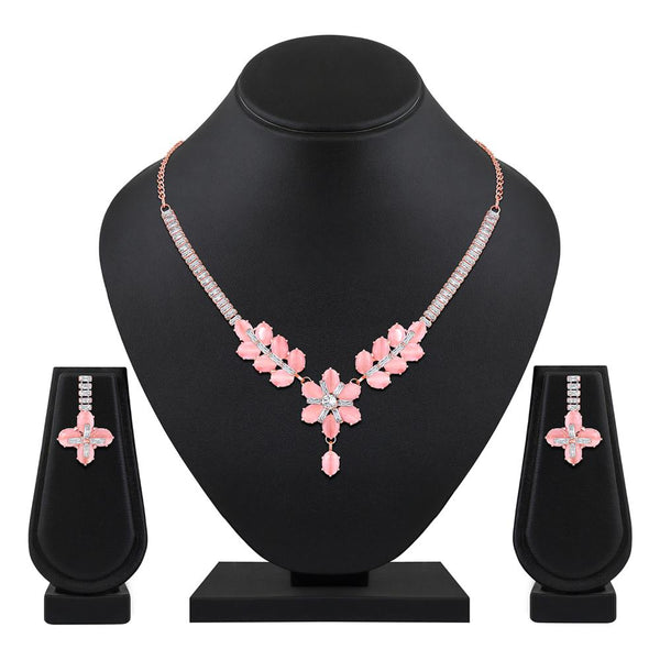 Mahi Rose Gold Plated Pink and White Cubic Zirconia (CZ) Floral Women's Necklace Set (NL1103817ZPin)