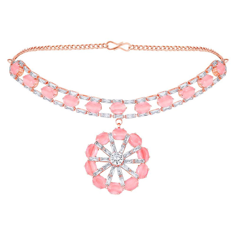 Mahi Rose Gold Plated Pink and White Cubic Zirconia (CZ) Floral Women's Necklace Set (NL1103818ZPin)