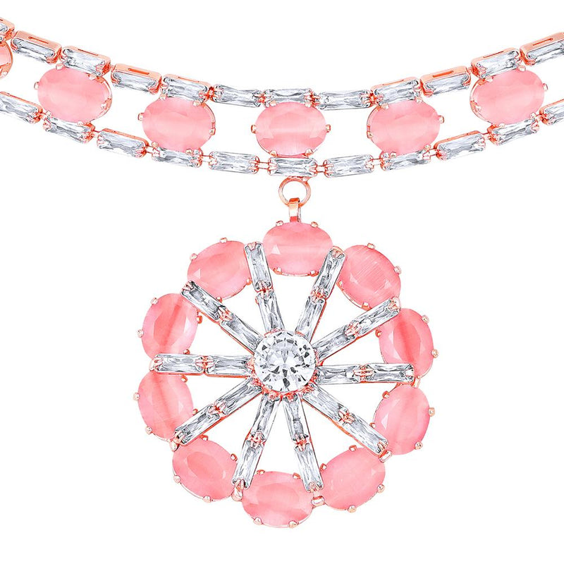 Mahi Rose Gold Plated Pink and White Cubic Zirconia (CZ) Floral Women's Necklace Set (NL1103818ZPin)