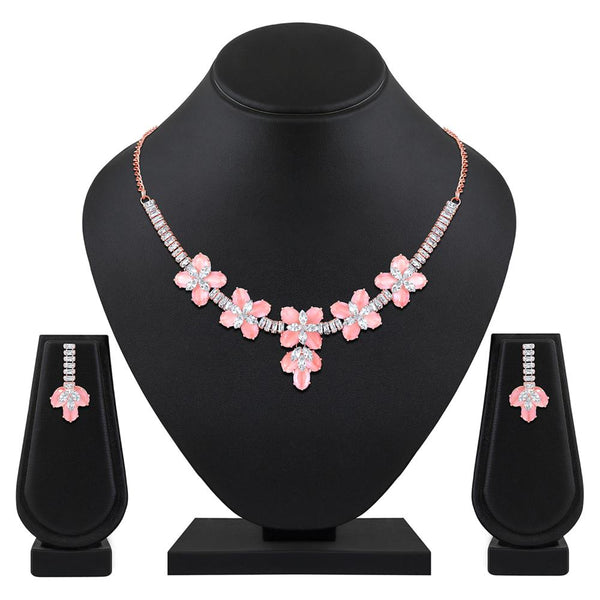 Mahi Rose Gold Plated Pink and White Cubic Zirconia (CZ) Floral Women's Necklace Set (NL1103819ZPin)