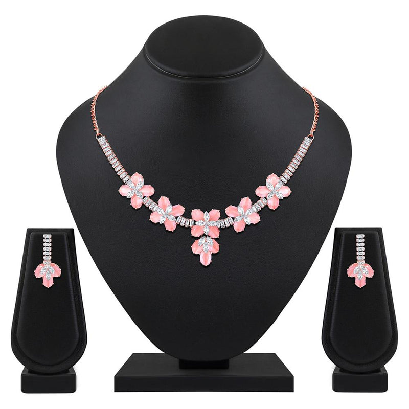 Mahi Rose Gold Plated Pink and White Cubic Zirconia (CZ) Floral Women's Necklace Set (NL1103819ZPin)