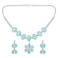 Mahi Rhodium Plated Light Green Cubic Zirconia (CZ) Floral Women's Necklace Set (NL1103820RLGre)