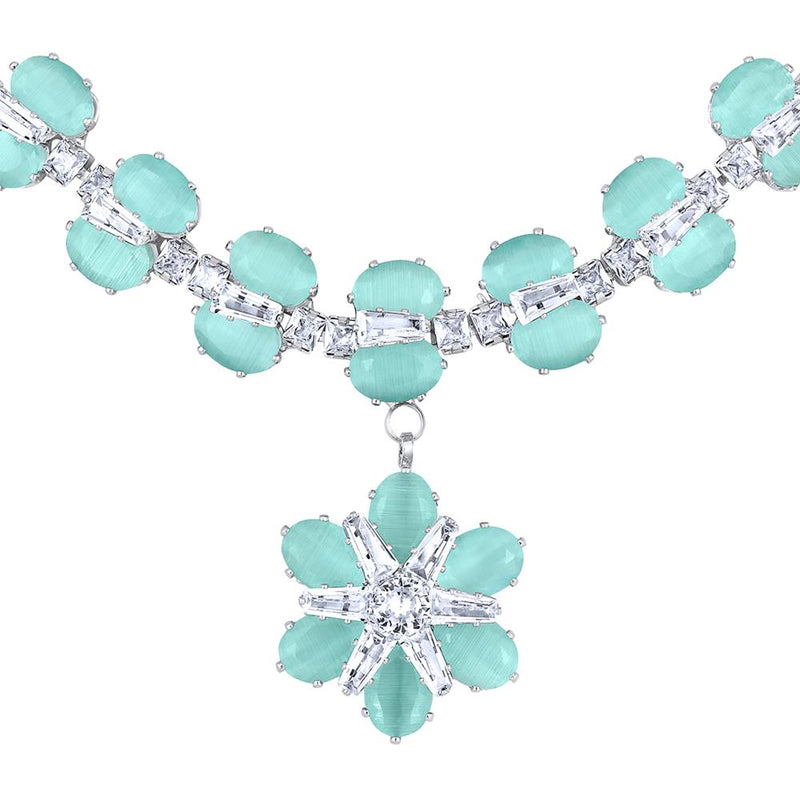 Mahi Rhodium Plated Light Green Cubic Zirconia (CZ) Floral Women's Necklace Set (NL1103820RLGre)