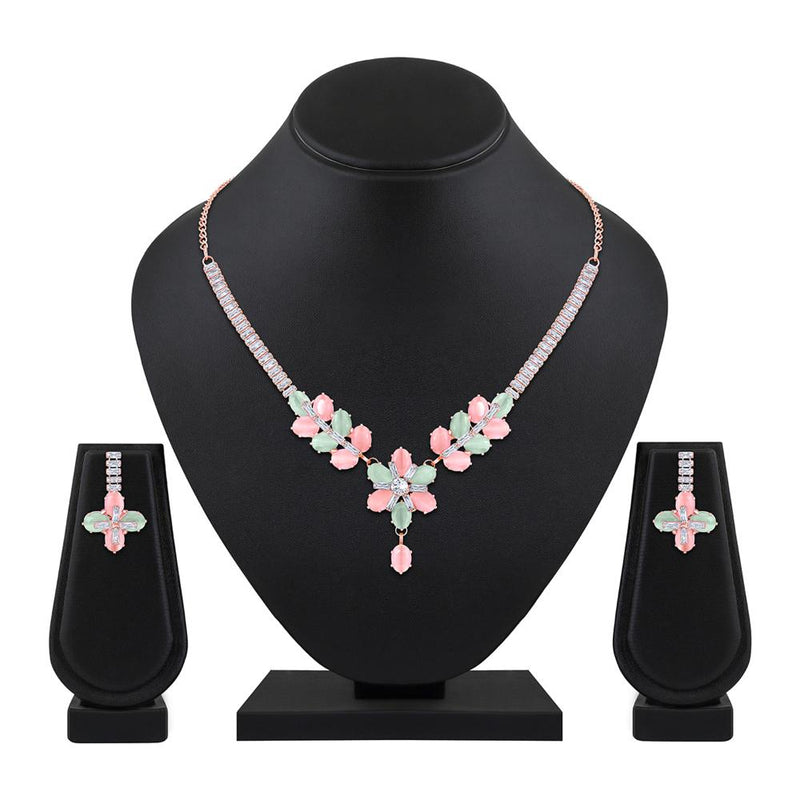 Mahi Rosegold Plated Multicolor Cubic Zirconia (CZ) Floral Women's Necklace Set (NL1103821ZMul)