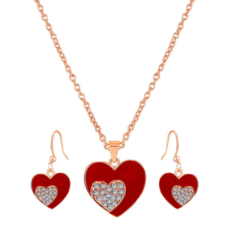 Mahi Rose Gold Plated Red Meenakari Work and Crystals Dual Heart Pendant Set for Women (NL1103823ZRed)