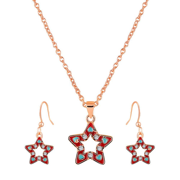 Mahi Rose Gold Plated Red Meenakari Work and Crystals Star Pendant Set for Women (NL1103825ZRed)