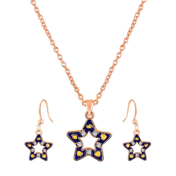 Mahi Rose Gold Plated Navy Blue & Yellow Meenakari Work and Crystals Star Pendant Set for Women (NL1103826ZNBlu)