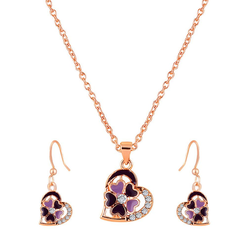 Mahi Rose Gold Plated Purple Meenakari Work and Crystals Floral Heart Pendant Set for Women (NL1103833ZPur)
