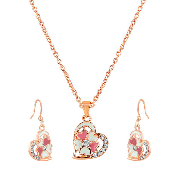 Mahi Rose Gold Plated Pink and Green Meenakari Work and Crystals Floral Heart Pendant Set for Women (NL1103834Gre)