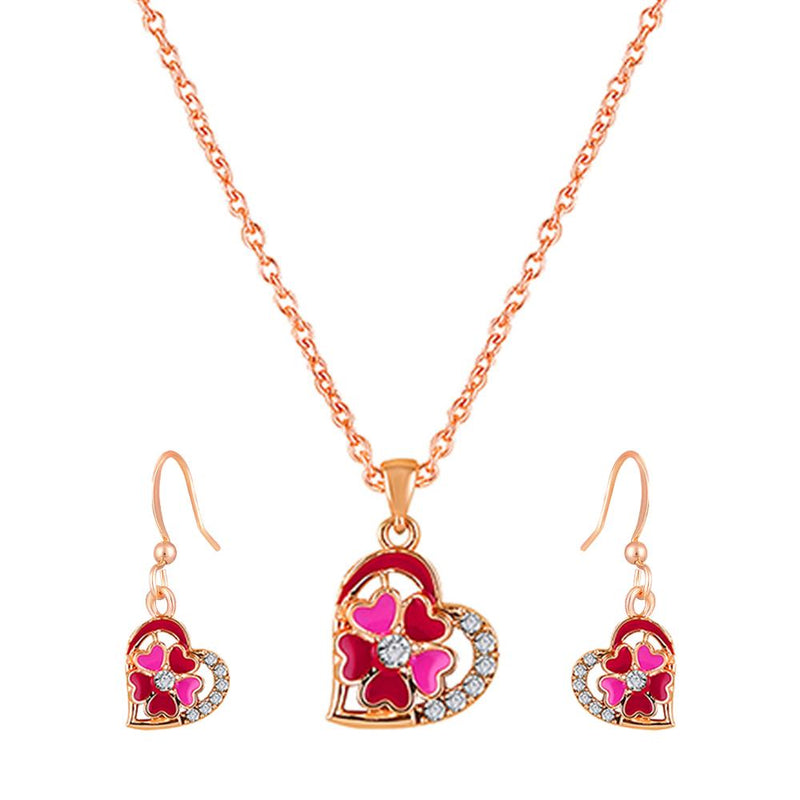 Mahi Rose Gold Plated Red and Pink Meenakari Work and Crystals Floral Heart Pendant Set for Women (NL1103835ZRedPin)