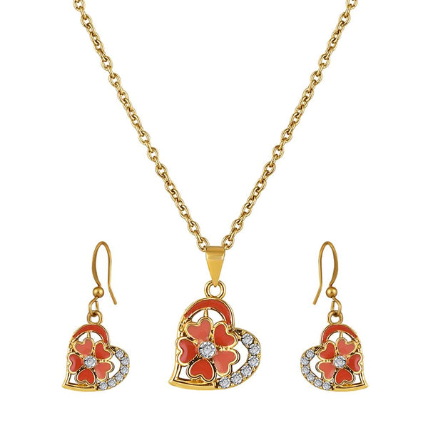 Mahi Gold Plated Orange Meenakari Work and Crystals Floral Heart Pendant Set for Women (NL1103837GOrg)