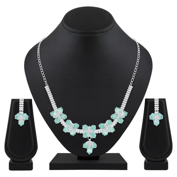 Mahi Rhodium Plated Light Green and White Cubic Zirconia (CZ) Floral Women's Necklace Set (NL1103838R)