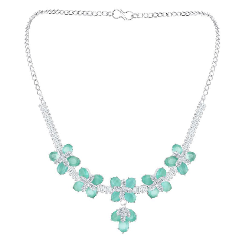 Mahi Rhodium Plated Light Green and White Cubic Zirconia (CZ) Floral Women's Necklace Set (NL1103838R)