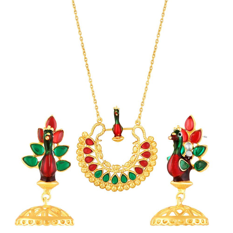 Mahi Meenakari Enamel Dancing Peacock-Shaped Pendant and Dangler Jhumka Earrings with Crystals for Women (NL1103839GMul)