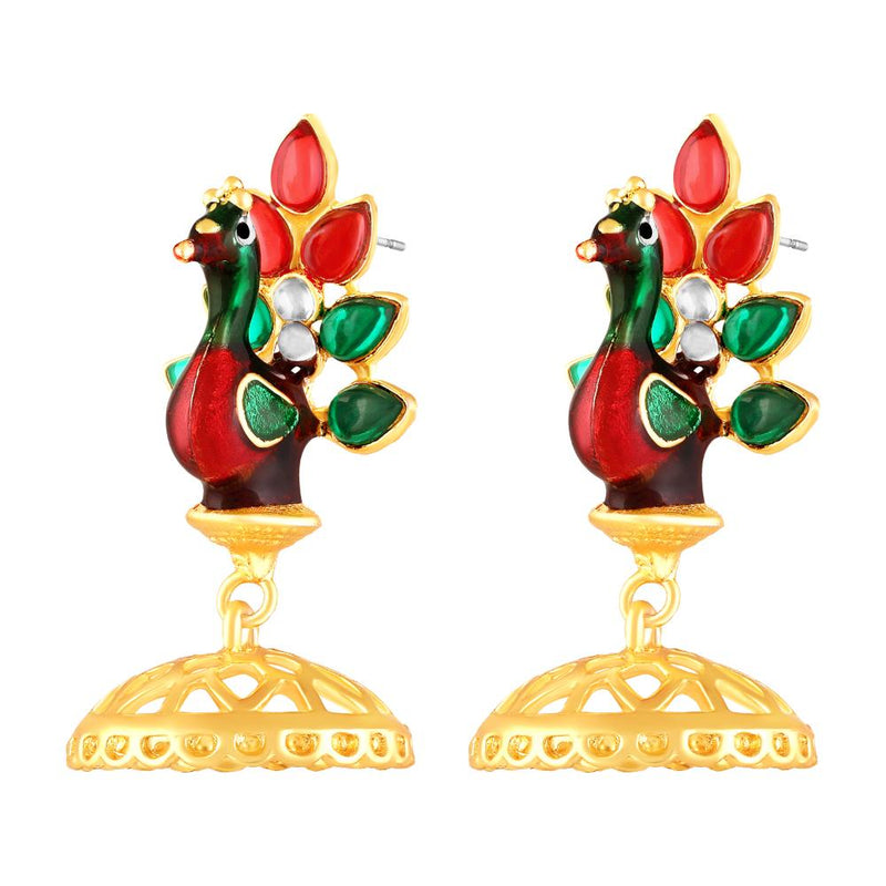 Mahi Meenakari Enamel Dancing Peacock-Shaped Pendant and Dangler Jhumka Earrings with Crystals for Women (NL1103839GMul)