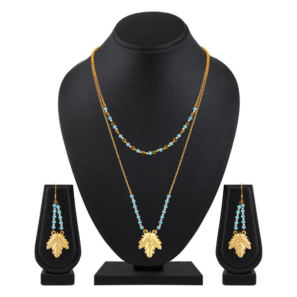 Mahi Dual Layer Mapel Leaf Long Necklace Set with Artificial Beads for Women (NL1103841GBlu)